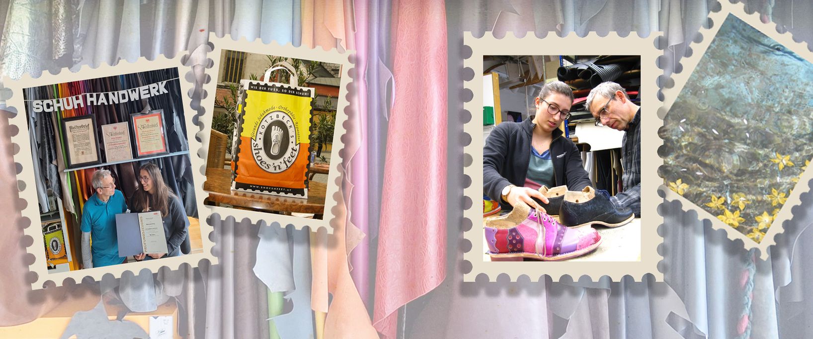 Eine Collage im Briefmarken-Stil vor einem Hintergrund aus Leder. Die Motive zeigen: das Team mit Prüfungszeugnissen vor Urkunden, eine shoes 'n' feet Papiertüte, die Arbeit an einem bunten Schuhmodell in der Werkstatt und eine Nahaufnahme von klarem Wasser mit gelben Blüten.