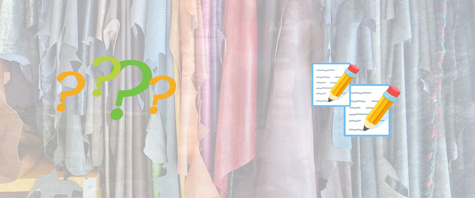 Eine grafische Darstellung für häufig gestellte Fragen (FAQs). Vor einem Hintergrund aus Lederhäuten schweben links bunte Fragezeichen und rechts zwei Notizblätter mit gelben Bleistiften.