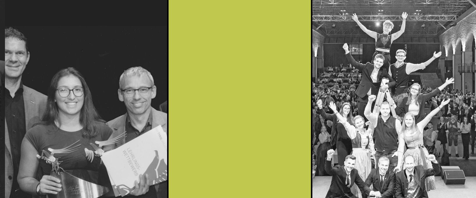 Ein dreiteiliger Banner in Schwarz-Weiß. Links erhält eine junge Frau eine Auszeichnung beim Lehrlingswettbewerb, flankiert von zwei Männern. In der Mitte ist eine grüne Fläche, und rechts jubelt eine große Gruppe von Menschen auf einer Bühne in einer Veranstaltungshalle.